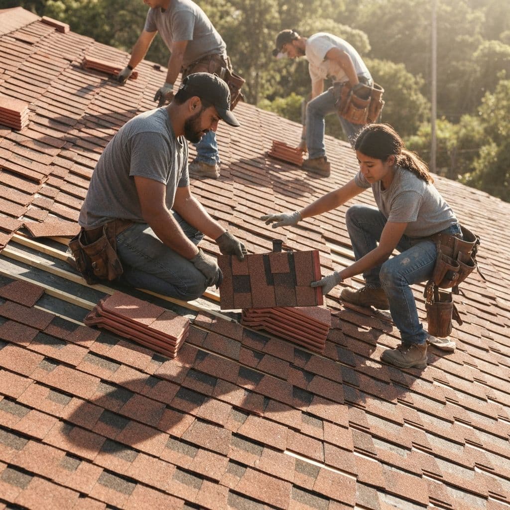 Équipe de couvreurs professionnels LCP Couverture sur un chantier de construction en Île-de-France