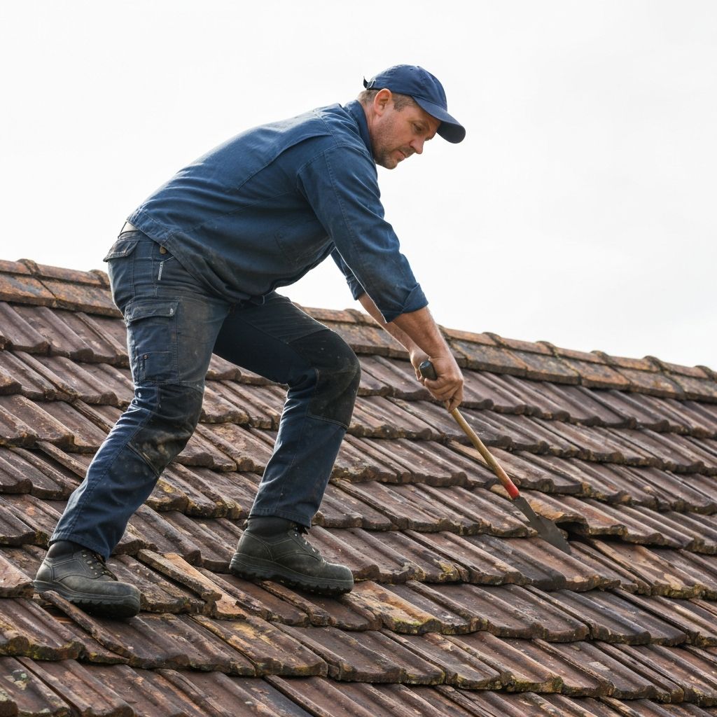 Couvreur professionnel LCP Couverture travaillant sur une toiture en tuiles traditionnelles en Île-de-France